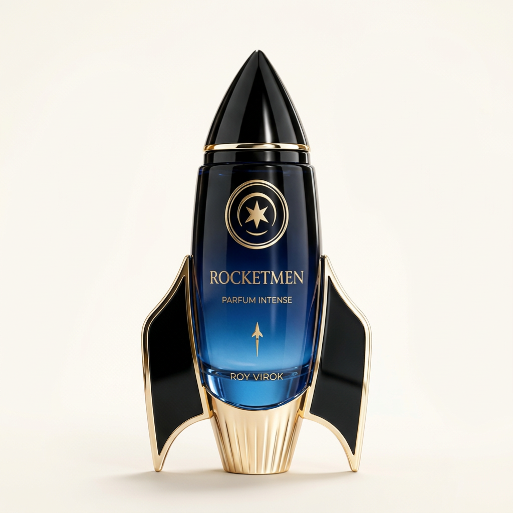 Flacon Rocketmen de Roy Virok sur fond blanc, visuel studio