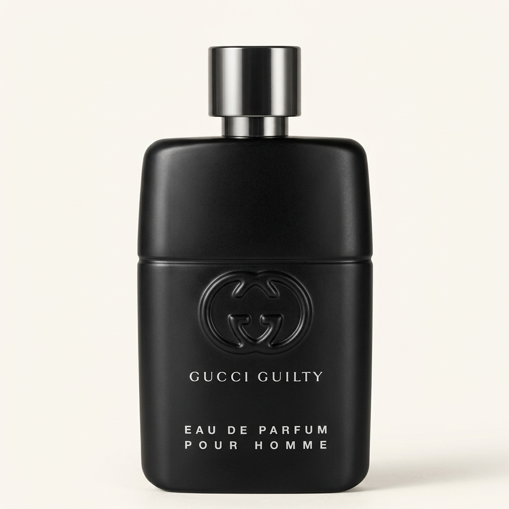 Flacon noir Gucci Guilty Pour Homme eau de parfum 50 ml sur fond blanc