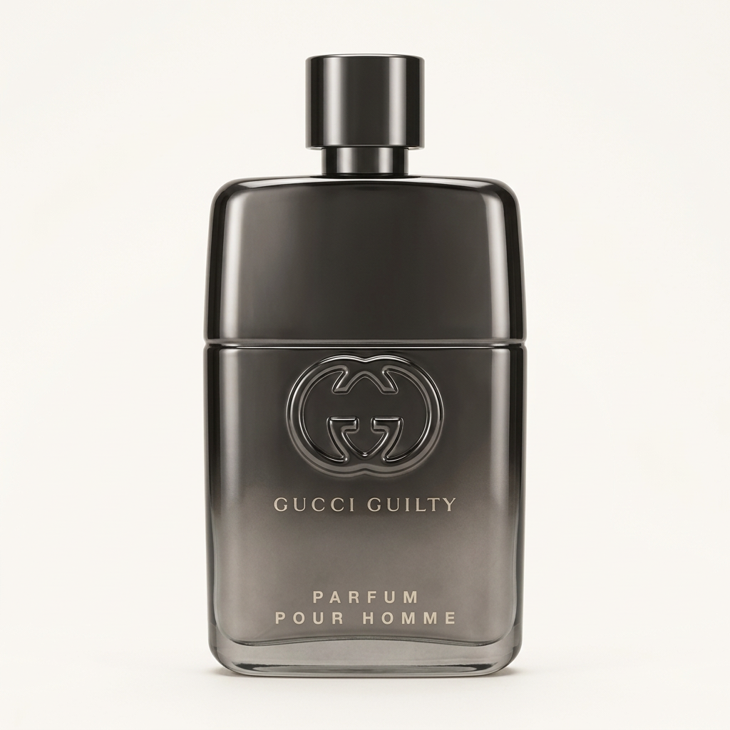 Flacon Gucci Guilty Pour Homme Parfum sur fond blanc, visuel studio
