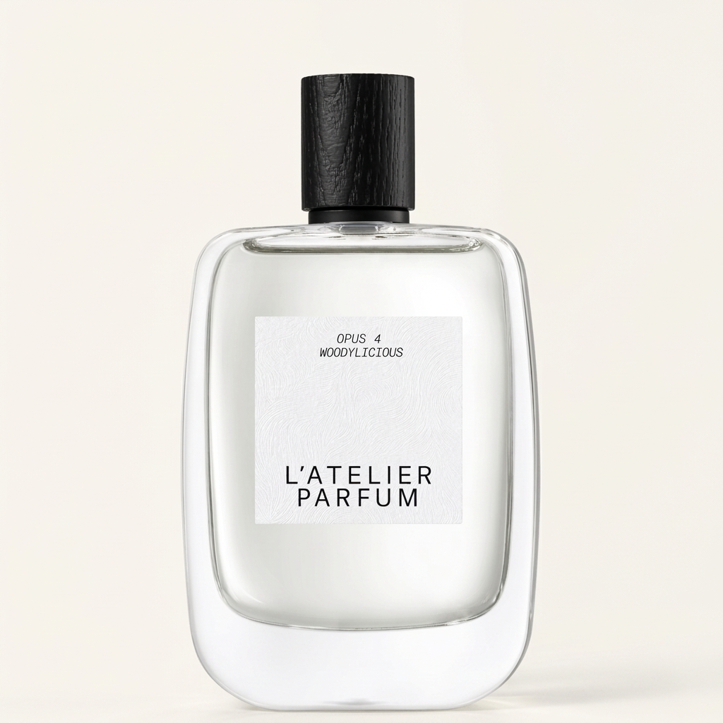Flacon L’Atelier Parfum Woodylicious sur fond blanc, visuel studio