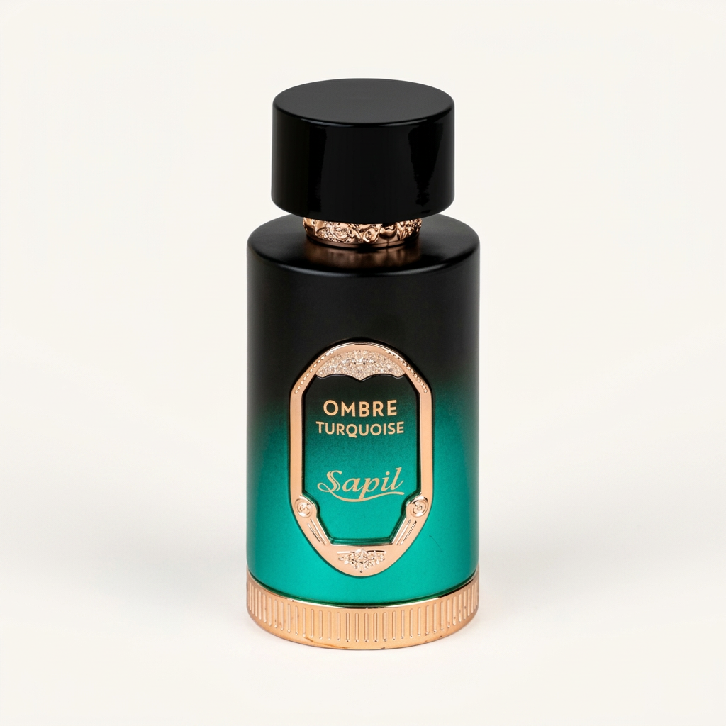 Flacon Sapil Ombre Turquoise sur fond blanc, visuel studio